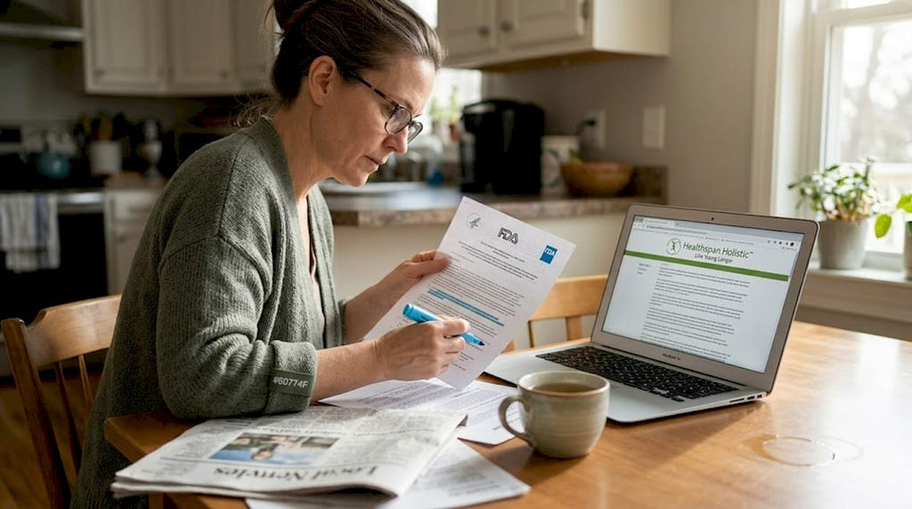 Woman reviewing FDA peptide announcement at kitchen table