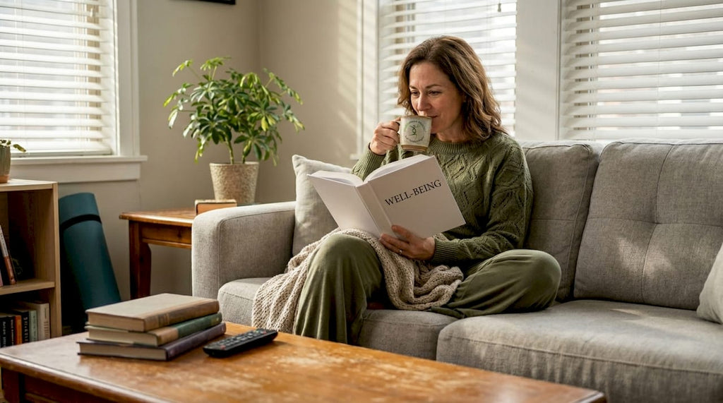 Woman enjoying tea in bright living room