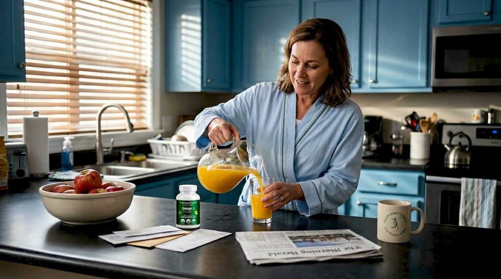 Woman making juice in morning home kitchen