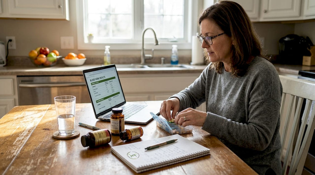 Woman sorting supplements at kitchen table