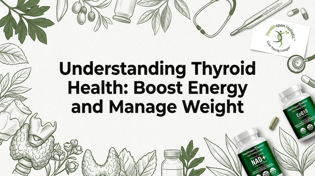 Decorative thyroid-themed title card illustration with medical props