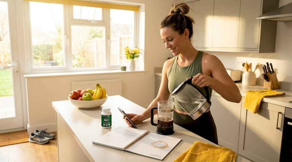 Woman making coffee in sunlit kitchen morning