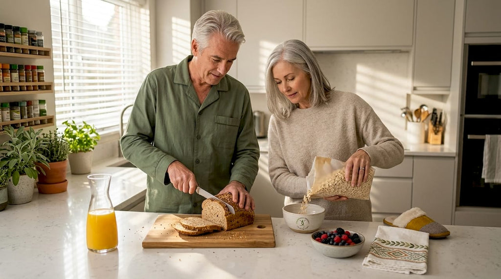 Couple preparing high-fiber breakfast in kitchen