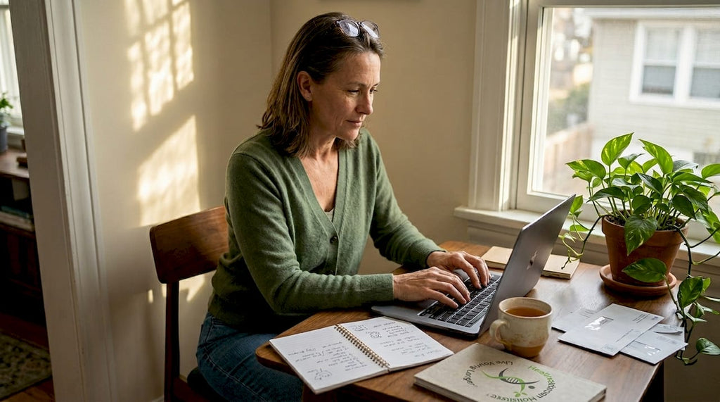 Midlife woman working at home office desk in sunlight