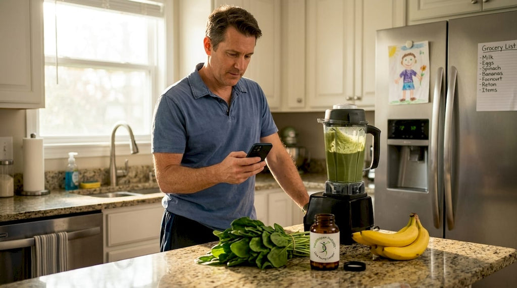 Middle-aged man blending smoothie in kitchen