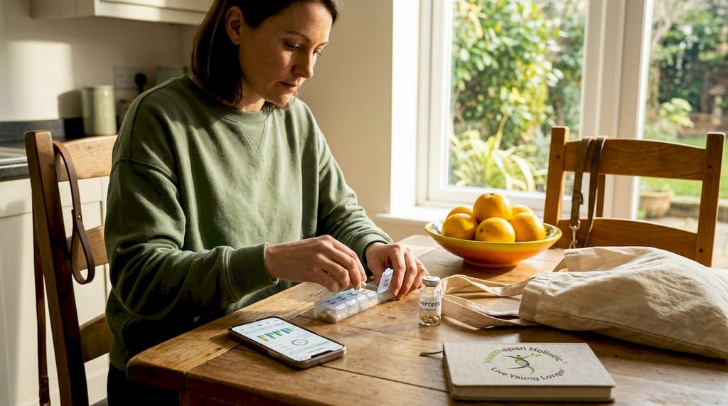 Woman organizing peptide therapy dose at kitchen table
