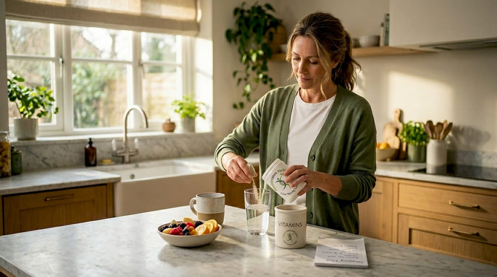 Woman preparing holistic supplement in kitchen