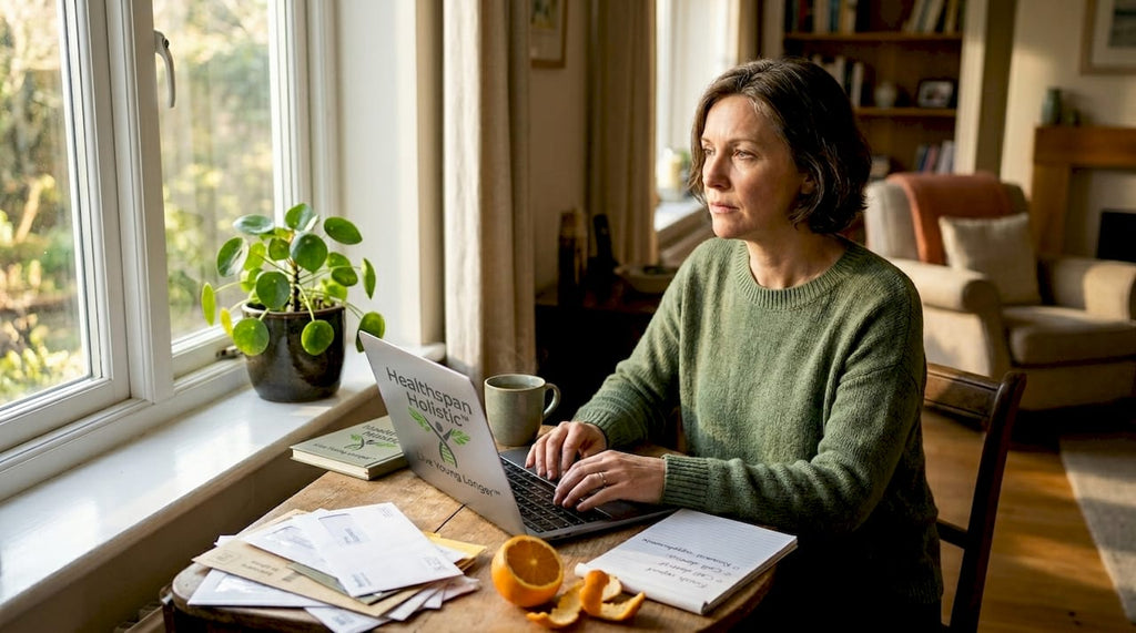 Woman reflecting in home office with tea