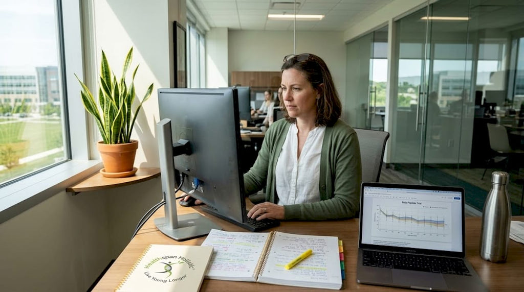 Clinical researcher reviewing peptide trial data