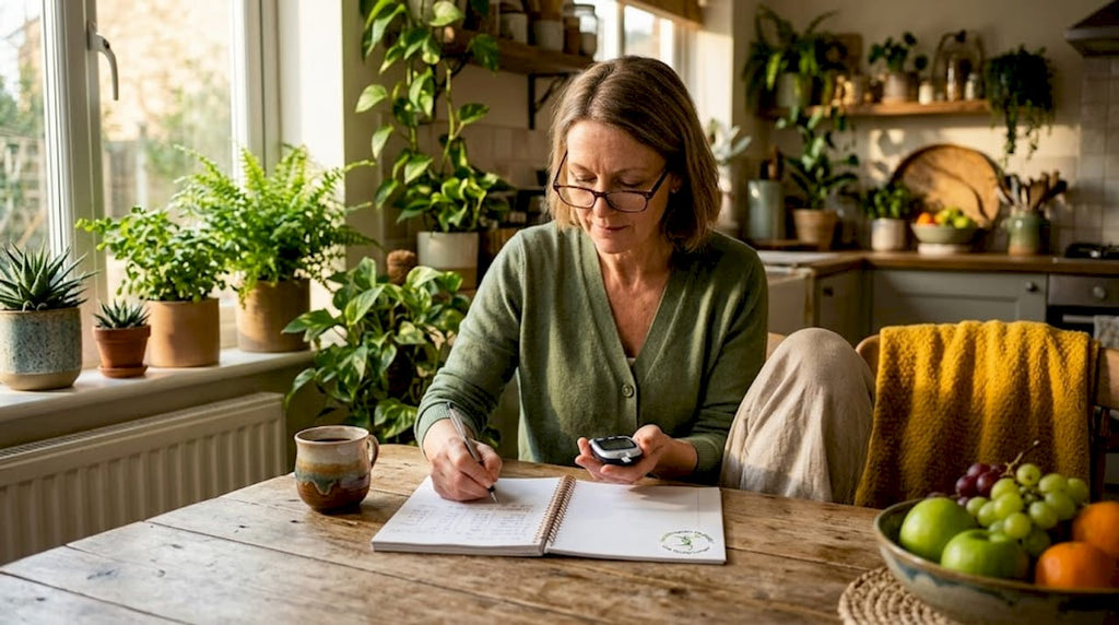 Woman checks blood sugar in bright kitchen