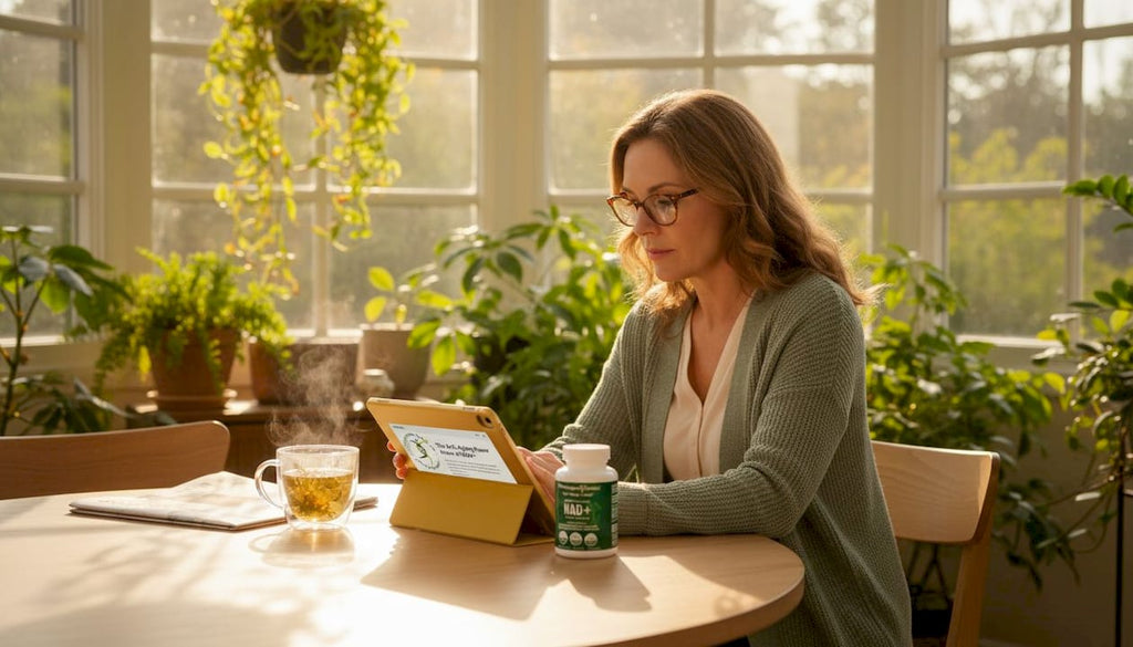 Woman reading health article on tablet at kitchen table