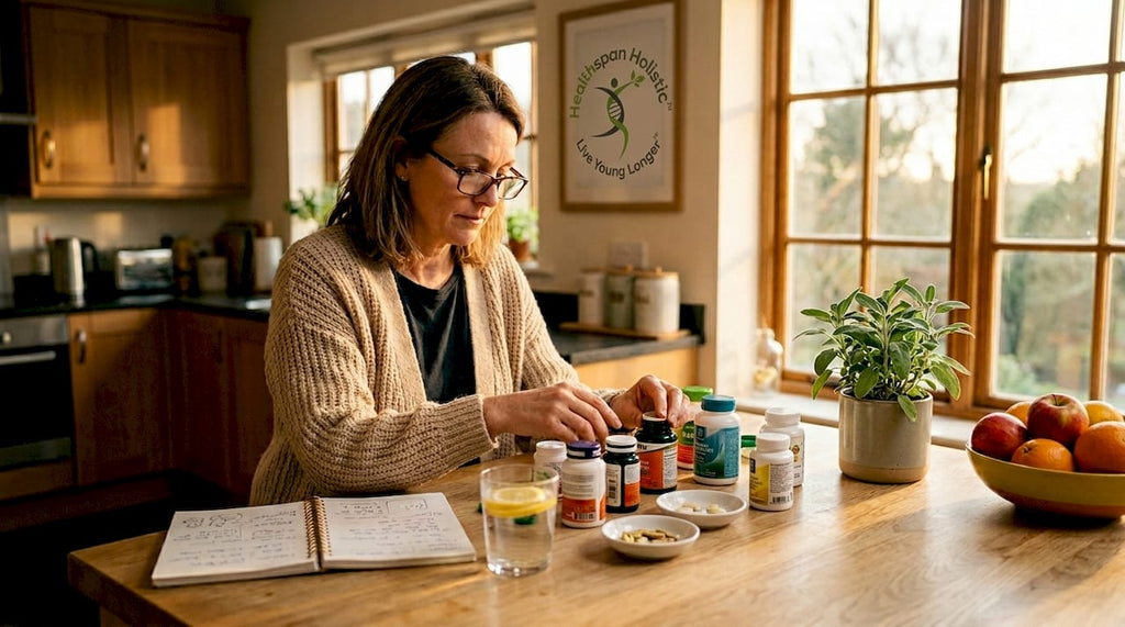 Woman sorting vitamin supplement bottles