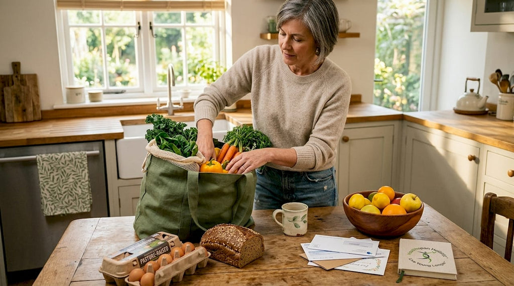 Woman unpacking groceries in home kitchen