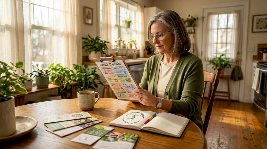 Woman reviewing health checklist at kitchen table