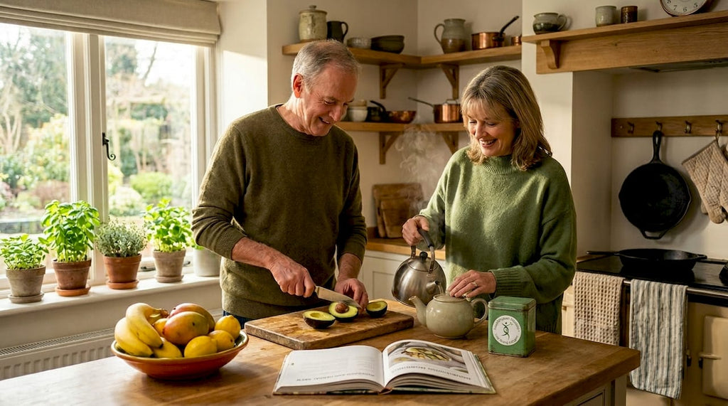 Older adults preparing healthy breakfast together
