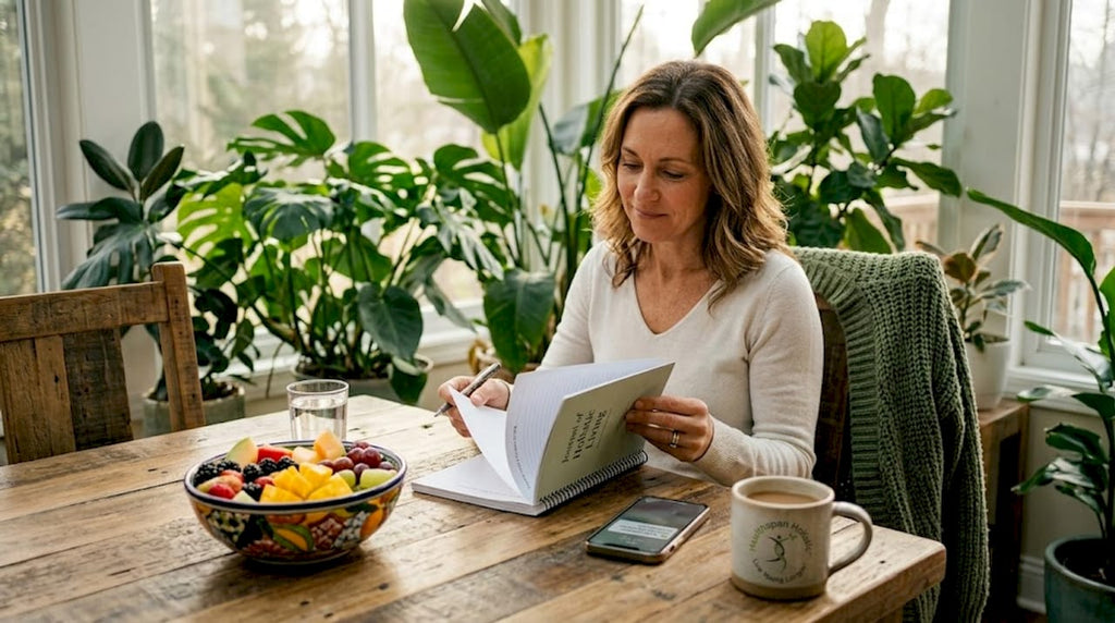 Woman reviewing health journal at kitchen table