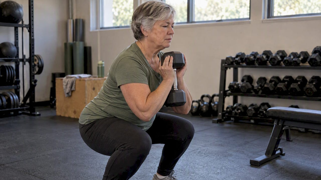 Older woman performing a dumbbell squat