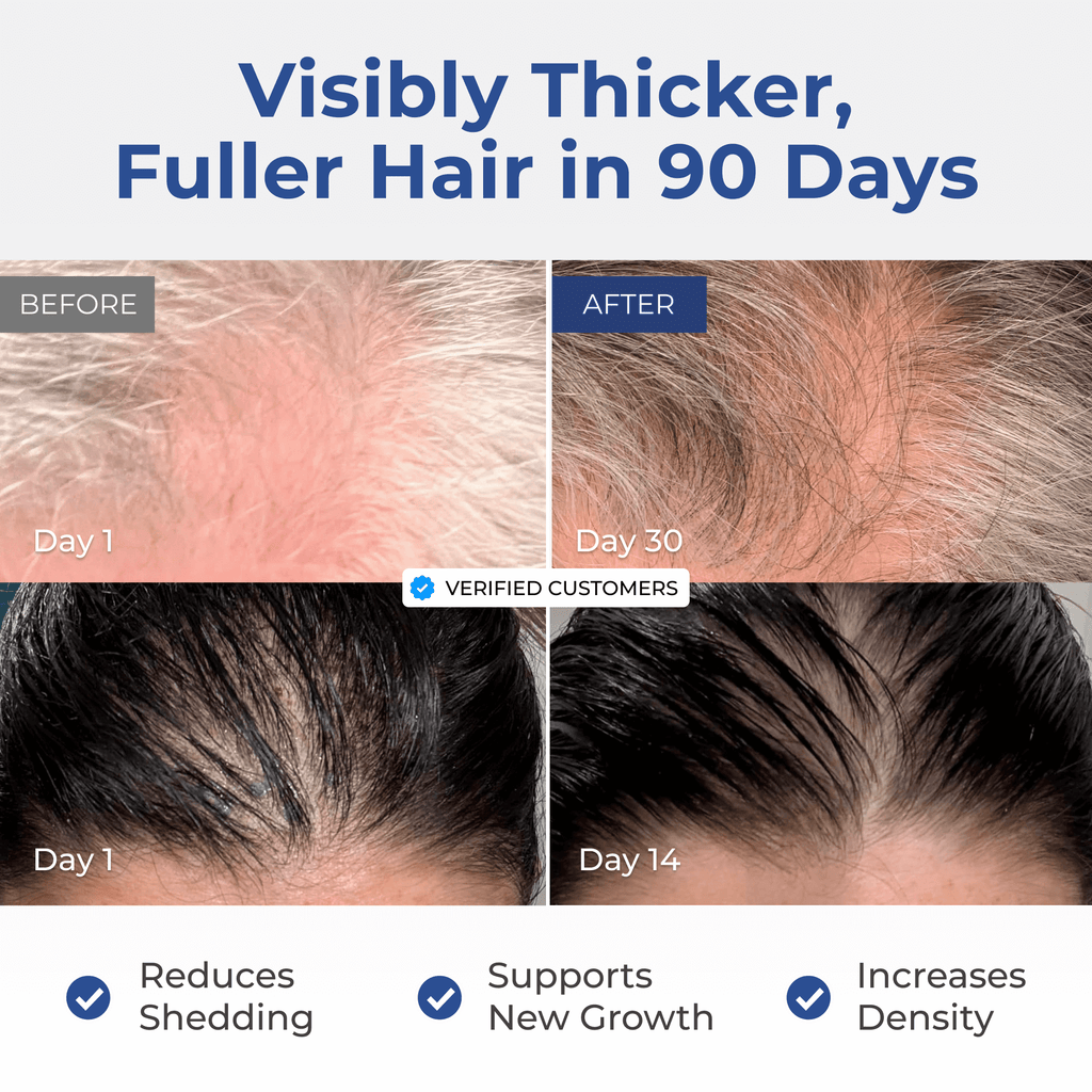 Before and after images of Neurogan Health GHK-Cu Copper Peptide Hair & Scalp Serum showing improved hair growth and scalp health.