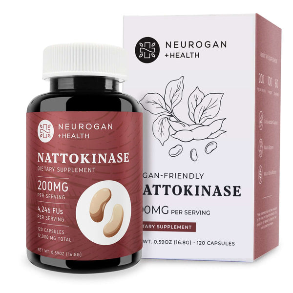 Neurogan Health Nattokinase capsules and box, dietary supplement for cardiovascular health, with capsules and packaging visible.