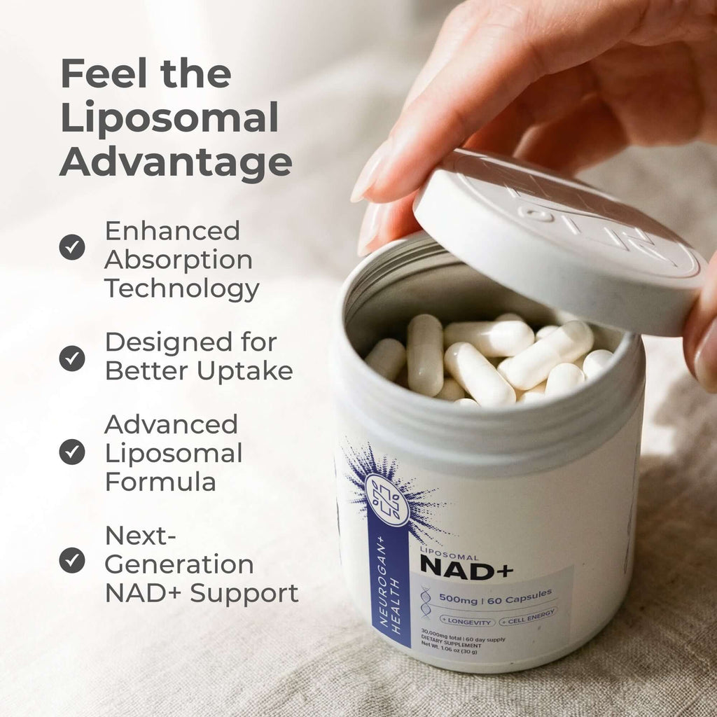 Liposomal NAD+ capsules by Neurogan Health, dietary supplement for energy and cellular health, shown with informational facts.