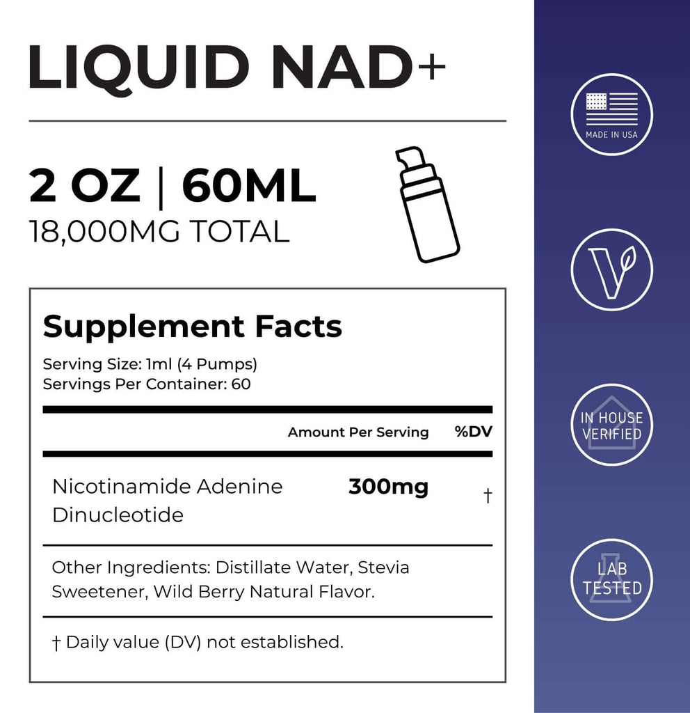 Neurogan Health NAD+ Liquid Drops supplement facts chart showing ingredients and nutritional information.