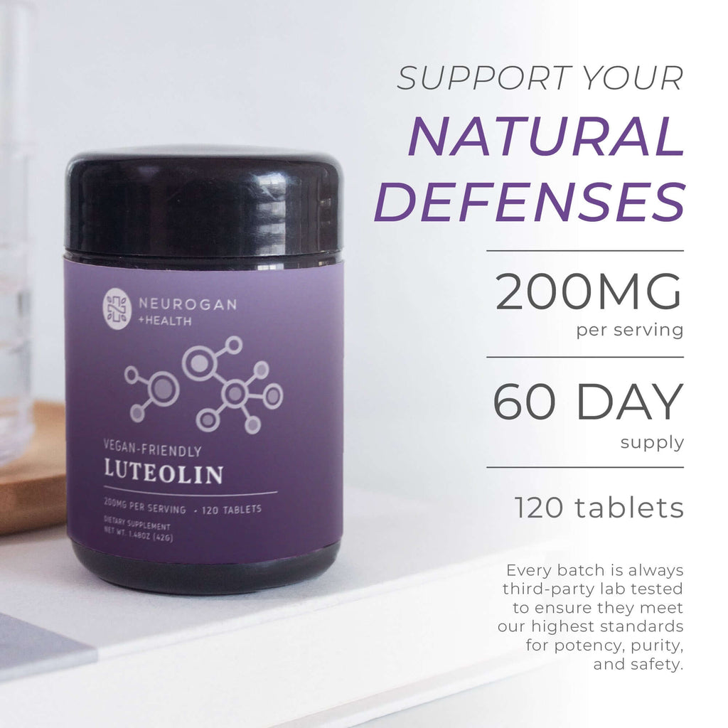 Neurogan Health luteolin tablets bottle with label showing supplement facts, placed on a white background.
