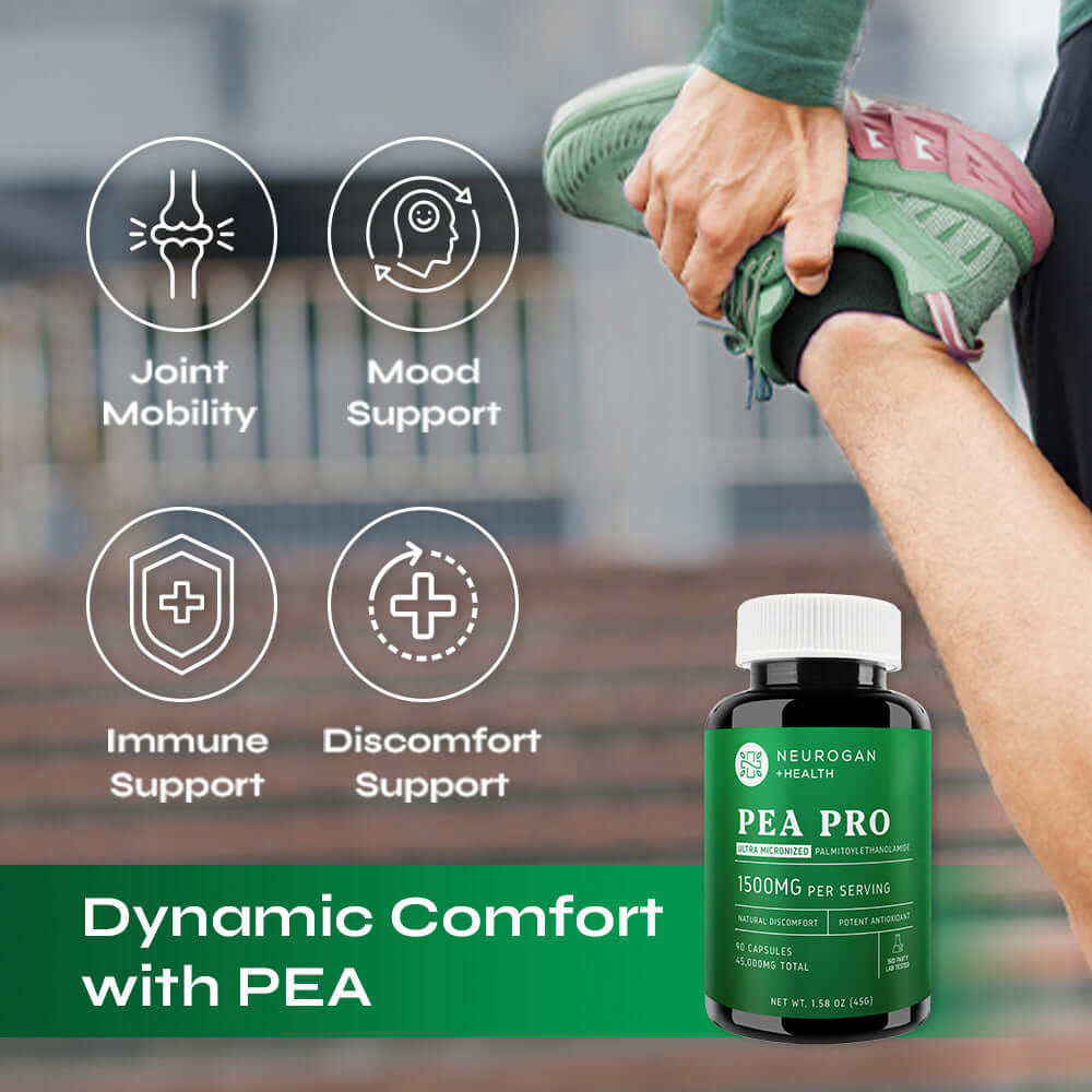 Neurogan Health PEA Pro Capsules in a white bottle with label, showcasing dietary supplement capsules for health benefits.