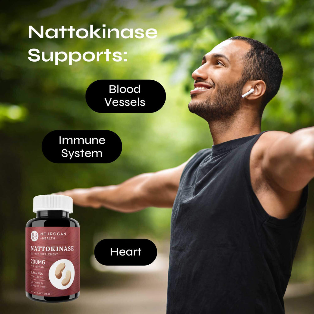 Neurogan Health Nattokinase Capsules bottle with label, dietary supplement for cardiovascular health, placed on a white background.
