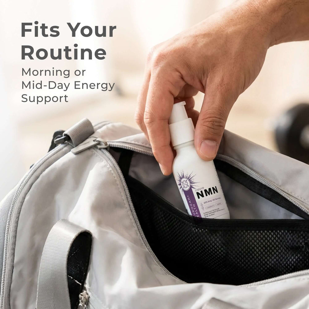 Neurogan Health NMN Drops bottle with dropper, supplement for energy and anti-aging, on a bright, clean background.