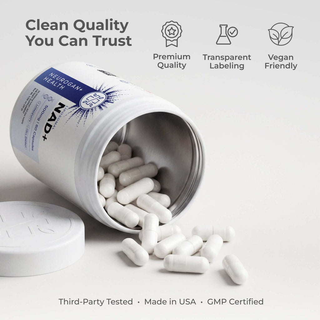 Neurogan Health Liposomal NAD+ Capsules in a glass bottle, supplement bottles with capsules, close-up of supplement packaging.