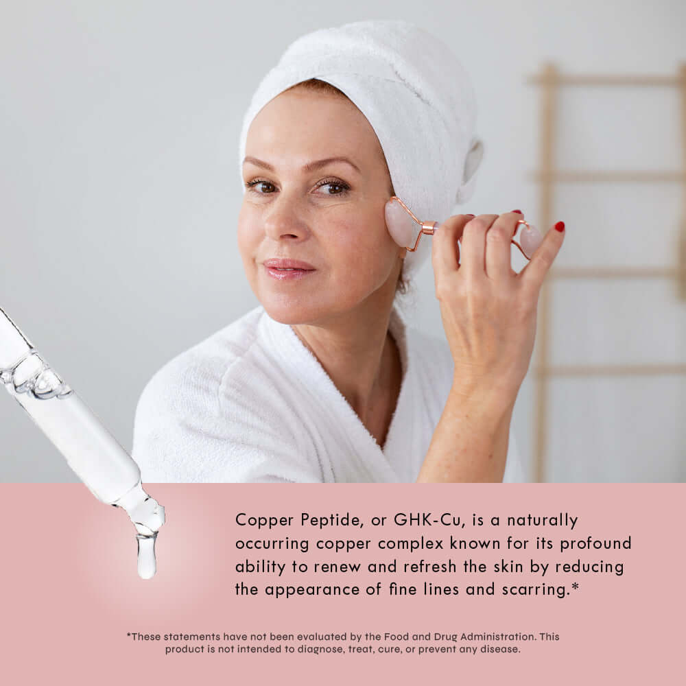 Neurogan Health GHK-Cu Copper Peptide Serum for face and neck, clear glass bottle with dropper and copper-colored liquid.