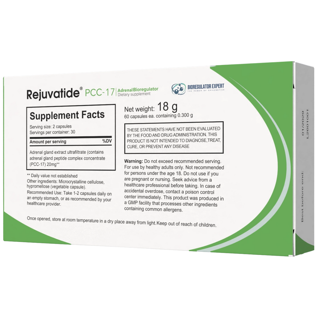 Bottle of Adrenal PCC 17 bioregulator supplement by Integrative Peptides, featuring a sleek label design.