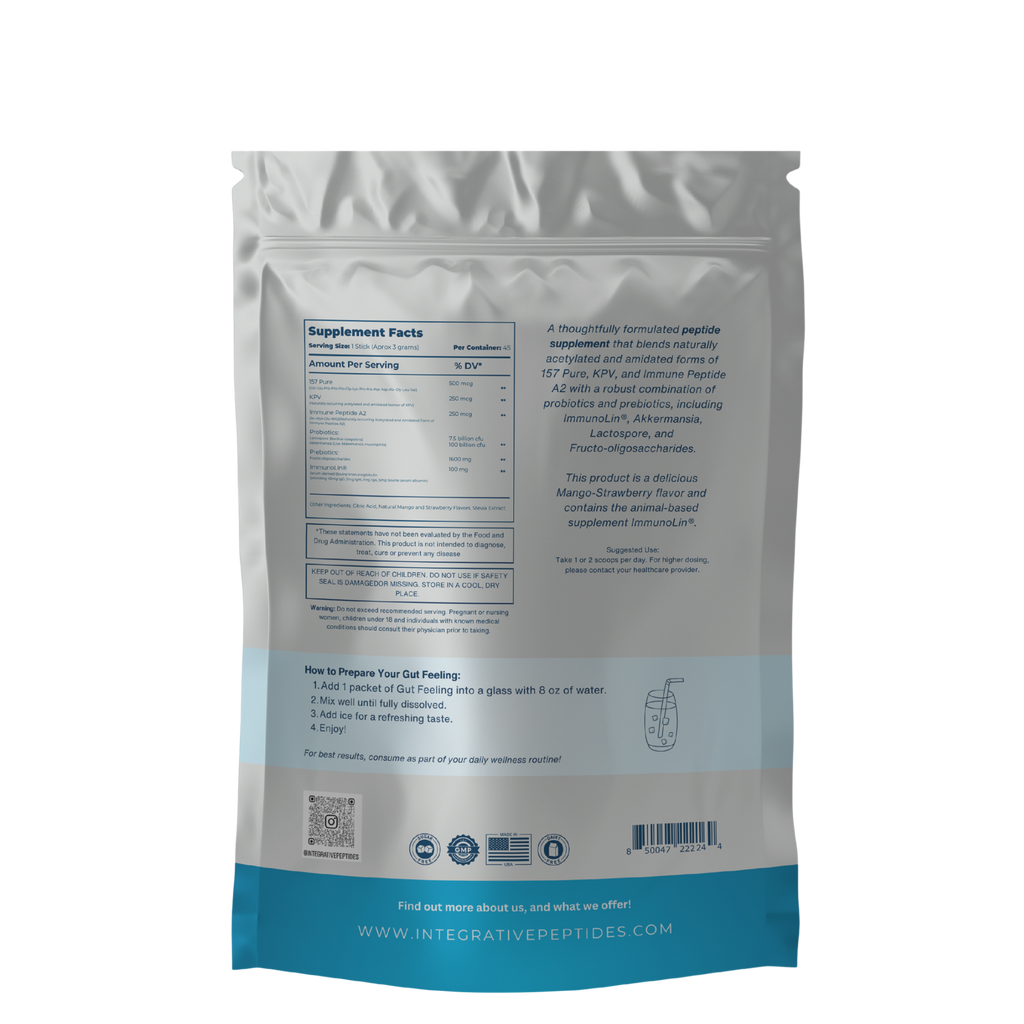 Integrative Peptides Gut Feeling Peptides Stick Packs Mango Strawberry flavor, 45 count, showing colorful fruit-flavored peptide sticks.