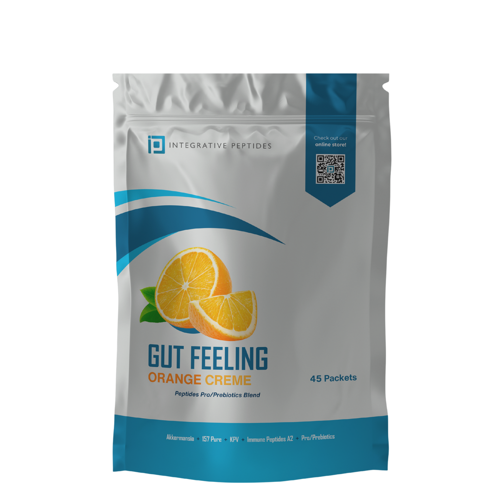 Integrative Peptides Gut Feeling Peptides stick packs in orange creme flavor, 45 count, showing individual orange creme flavored sticks.