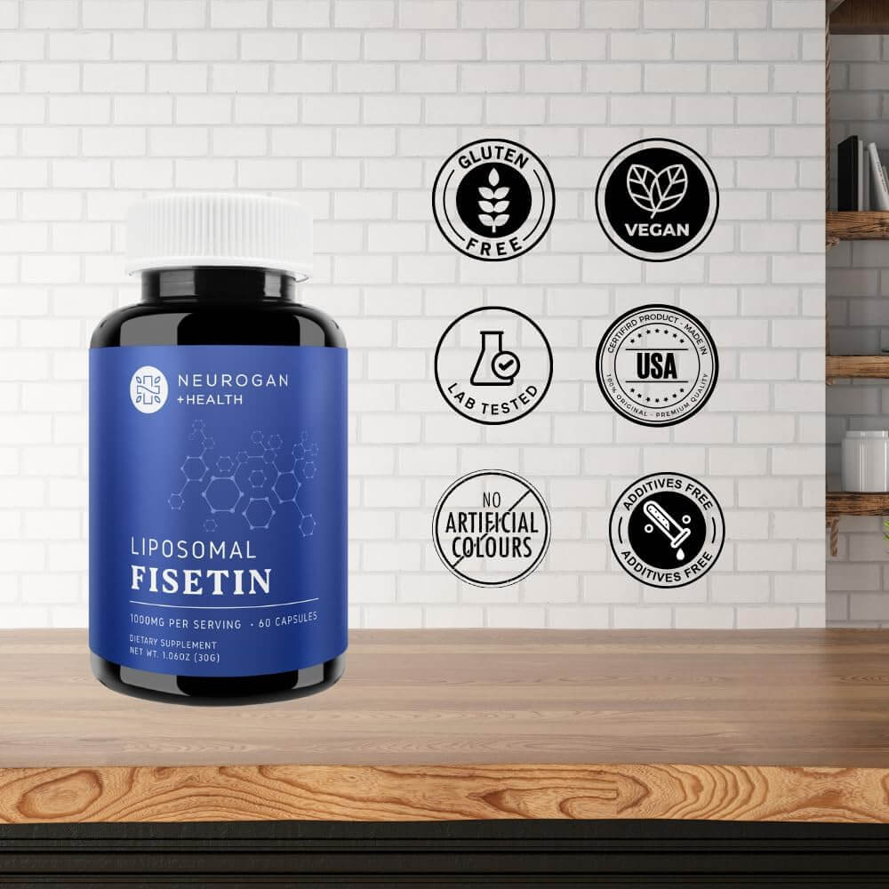 Neurogan Health Liposomal Fisetin Capsules for vitamins and supplements, shown in a clear container with label.