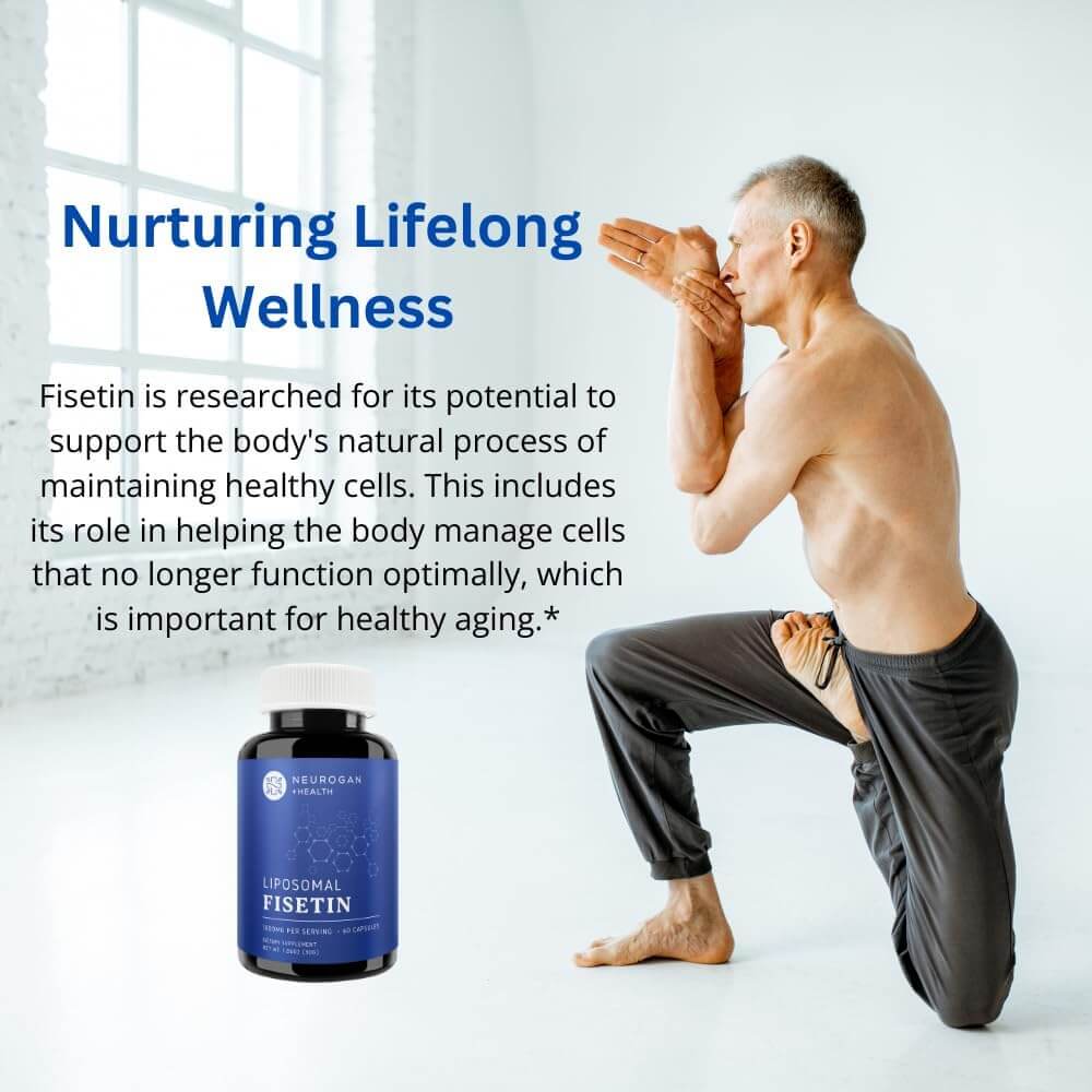 Neurogan Health Liposomal Fisetin Capsules, dietary supplement in a white bottle with capsules visible inside.