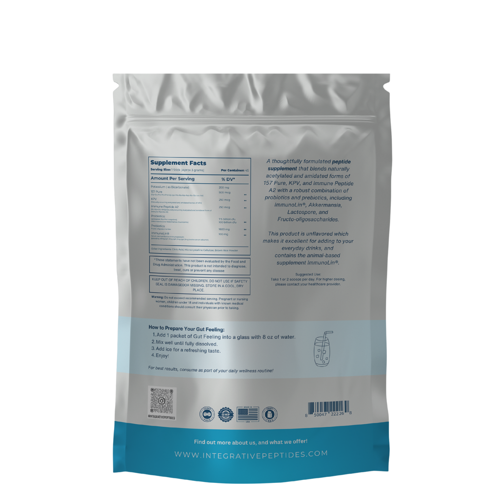 Unflavored Gut Feeling Peptides Stick Packs by Integrative Peptides, 7 individual packs for supporting gut health.