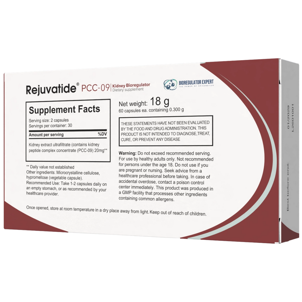 Bioregulator supplement labeled Kidney - PCC 09 by Integrative Peptides, showing a bottle and packaging for health support.