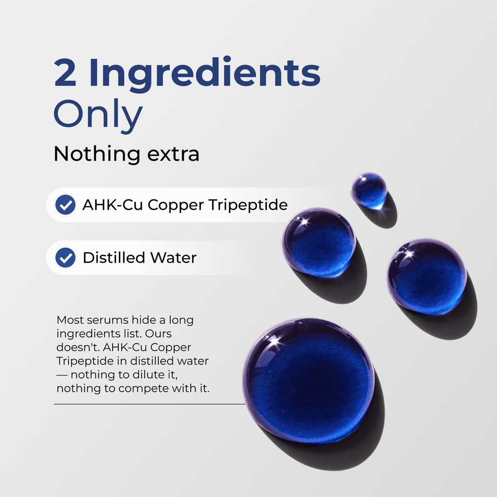 Neurogan Health AHK-Cu Peptide Hair Elixir bottle with ingredients list, showing a clear liquid hair treatment for healthy hair.