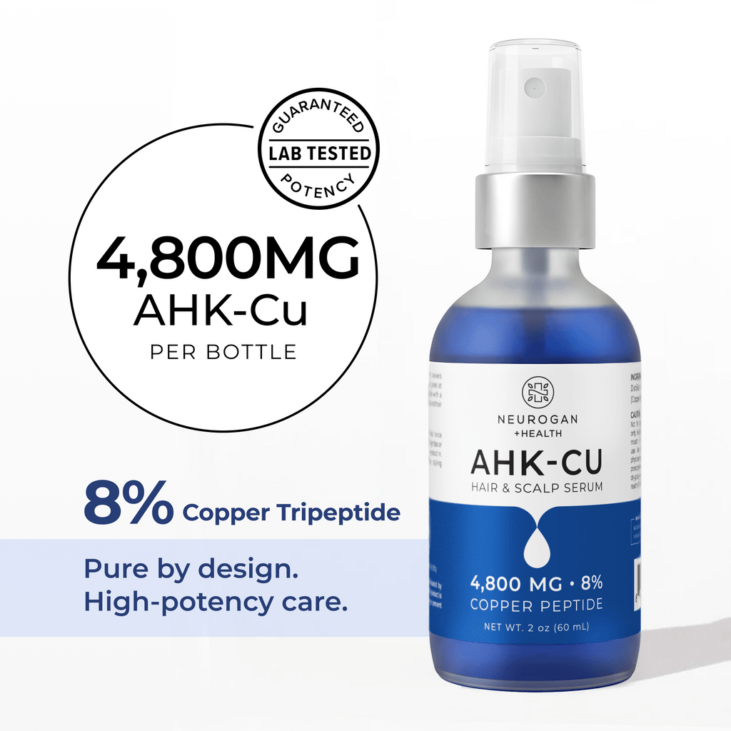 Neurogan Health AHK-Cu Peptide Hair Elixir bottle showing a 4800mg potency label with a dropper and hair care ingredients.
