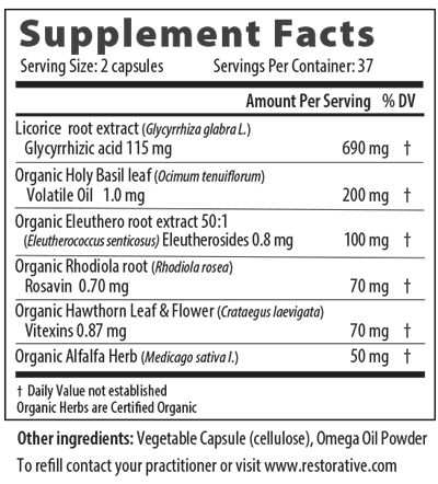 Restorative Formulations Adrenal Px L-BP 75 capsules bottle with label and capsules visible.