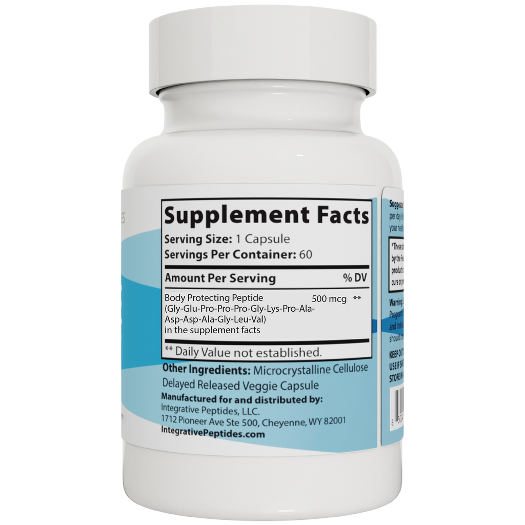 Bottle of Integrative Peptides Body Protecting Peptide capsules with the label visible, featuring 60 capsules for supporting body health.
