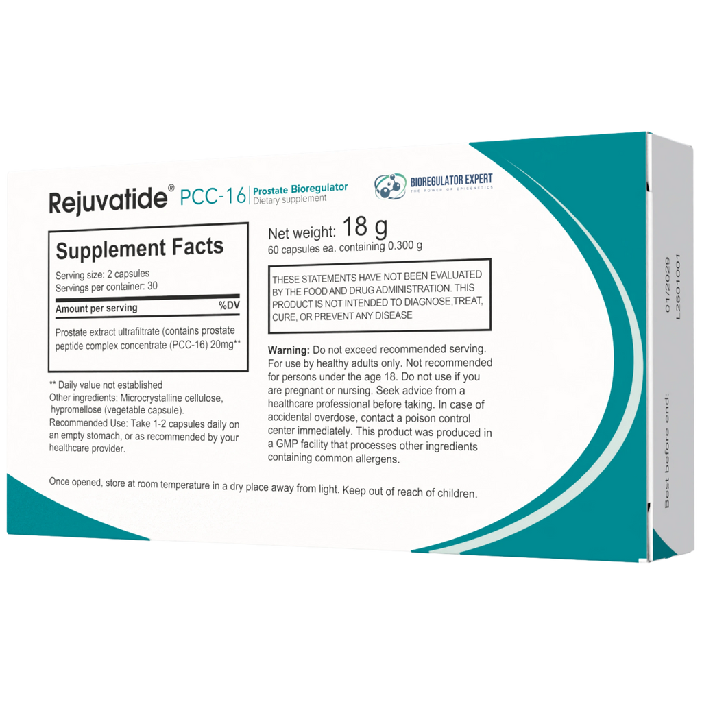 Back view of Integrative Peptides Prostate PCC 16 bioregulator supplement packaging with label details.