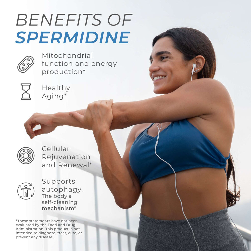 Neurogan Health Spermidine Drops bottle next to a glass of water, highlighting benefits of spermidine for cellular health and longevity.