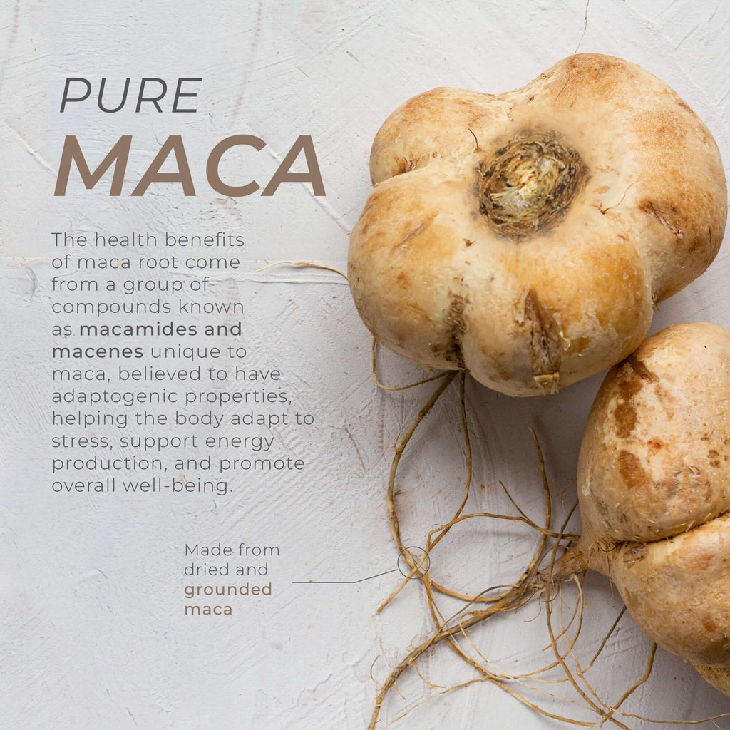 Neurogan Health Maca Root Capsules showing a bottle of vitamins and supplements with fresh maca root on a white background.