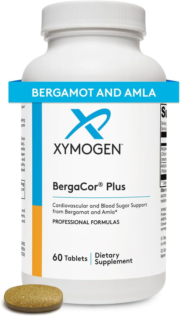 BergaCor Plus 60 tablets by XYMOGEN, dietary supplement bottle with tablets for health support.