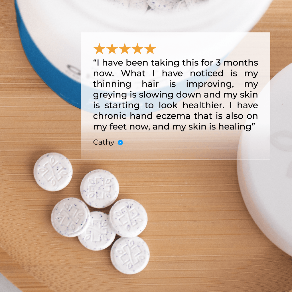 Neurogan Health GHK-Cu Copper Peptide Tablets bottle with testimonial overlay showing supplement tablets and user reviews.