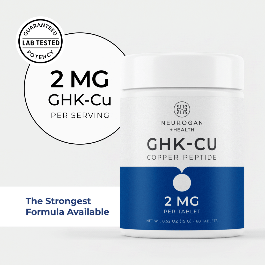 Neurogan Health GHK-Cu Copper Peptide tablets in a bottle, showing round tablets stacked and ready for supplement use.