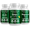 Healthspan Holistic Vitamin D, Omega 3, and Magnesium daily essentials supplement bundle with capsules and bottles.