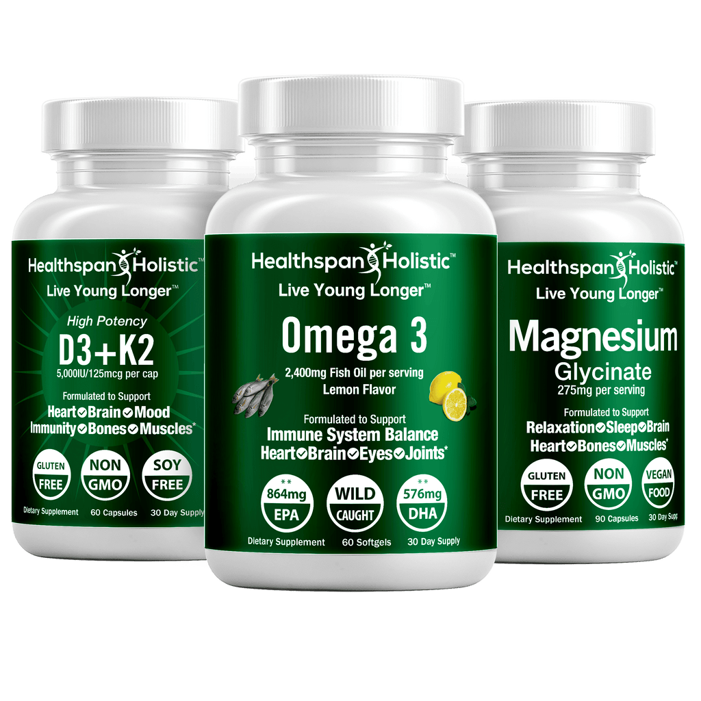 Healthspan Holistic Vitamin D, Omega 3, and Magnesium daily essentials supplement bundle with capsules and bottles.